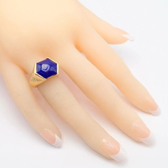 Authentic! Julius Cohen 18k Yellow Gold Diamond Lapis Ring - Picture 7 of 13